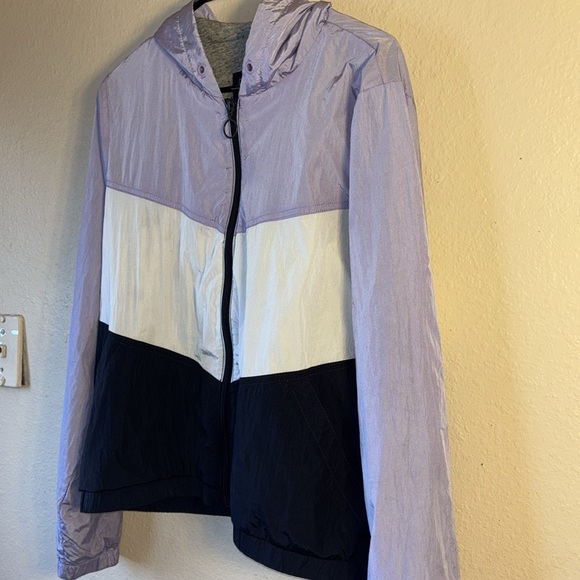 Abercrombie rain jacket zip up with hood, purple white, and navy. Lined interio - Picture 2 of 7